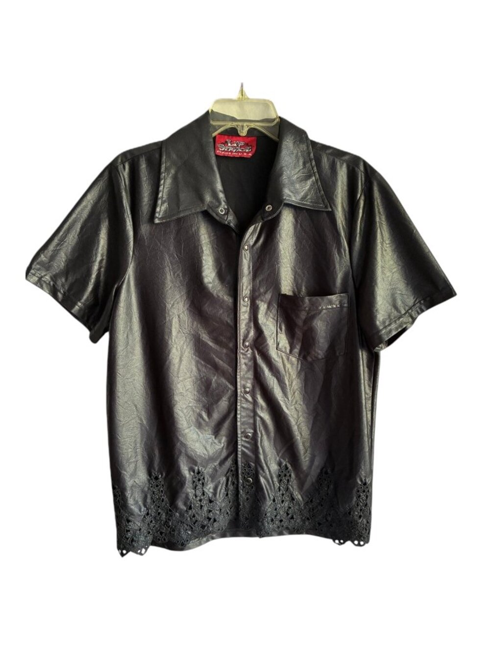 Rare Vintage Lip Service Men Blk Short Sleeve Goth wet look Lace Embroidered Lg